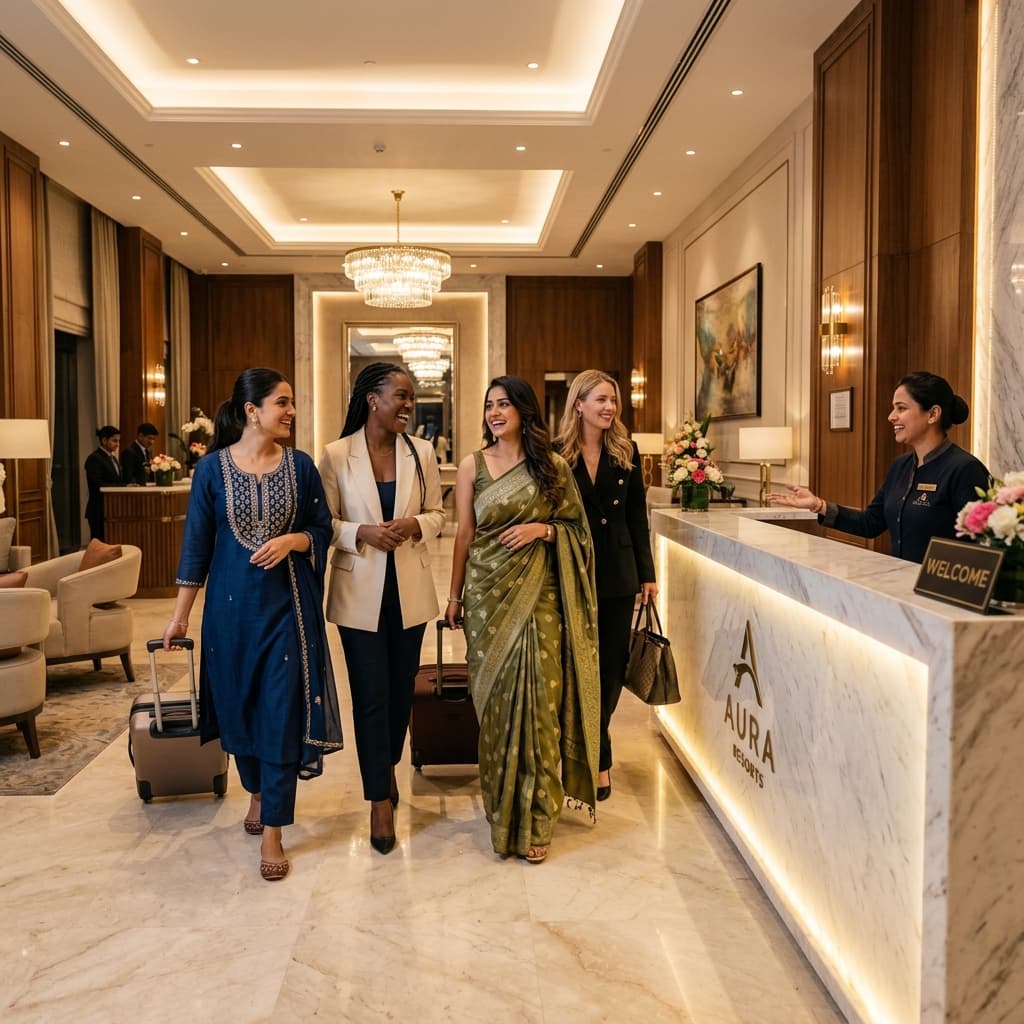Female travelers arriving at a hotel reception